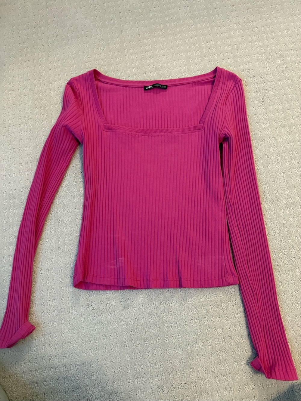 Zara Hot Pink Ribbed Long Sleeve Square Neck Top